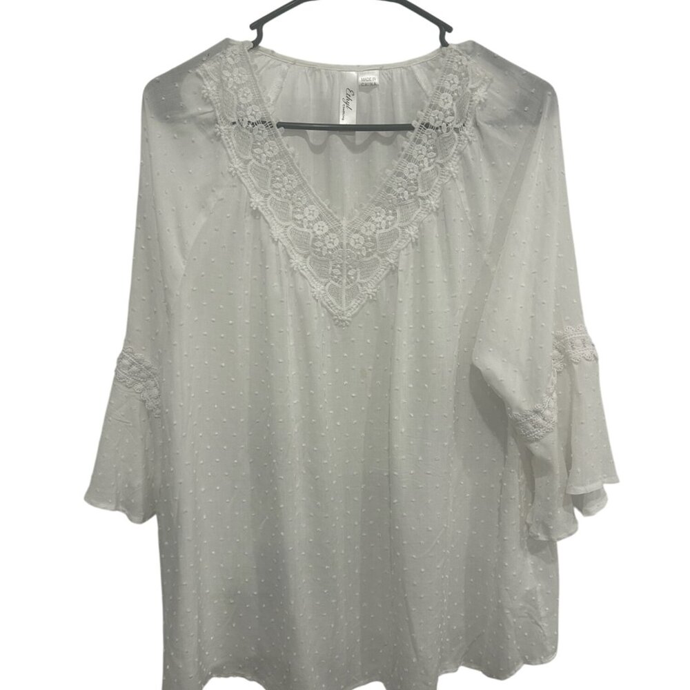 Ethyl Clothing Womens White Lace Trim Bell Sleeve Blouse Sz Medium Casual Dressy